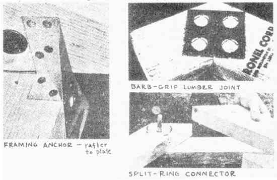 Assorted types of joining hardware: the framing anchor, barb grip, and split-ring connector.